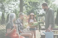 Family collecting vegetables in garden