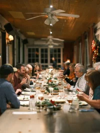 Large group eating in restaurant