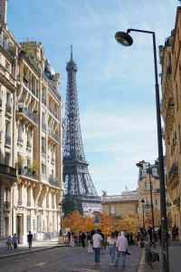 Street in Paris with view on Eiffel tower