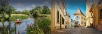 People rowing on river in British countryside and a street in a French town